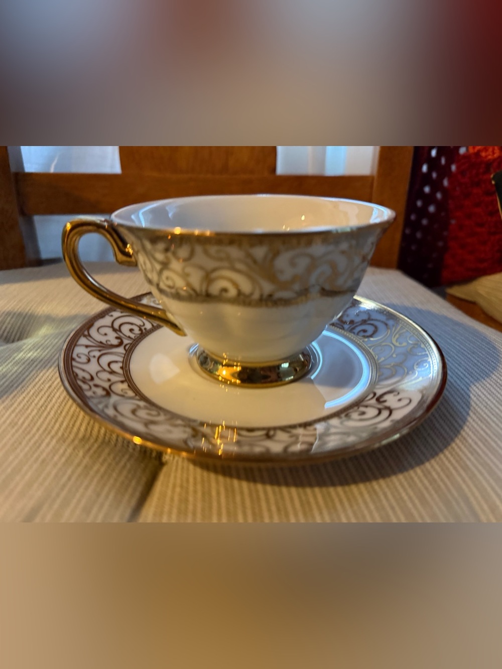 Gold-Trim Porcelain Teacup and Saucer Set